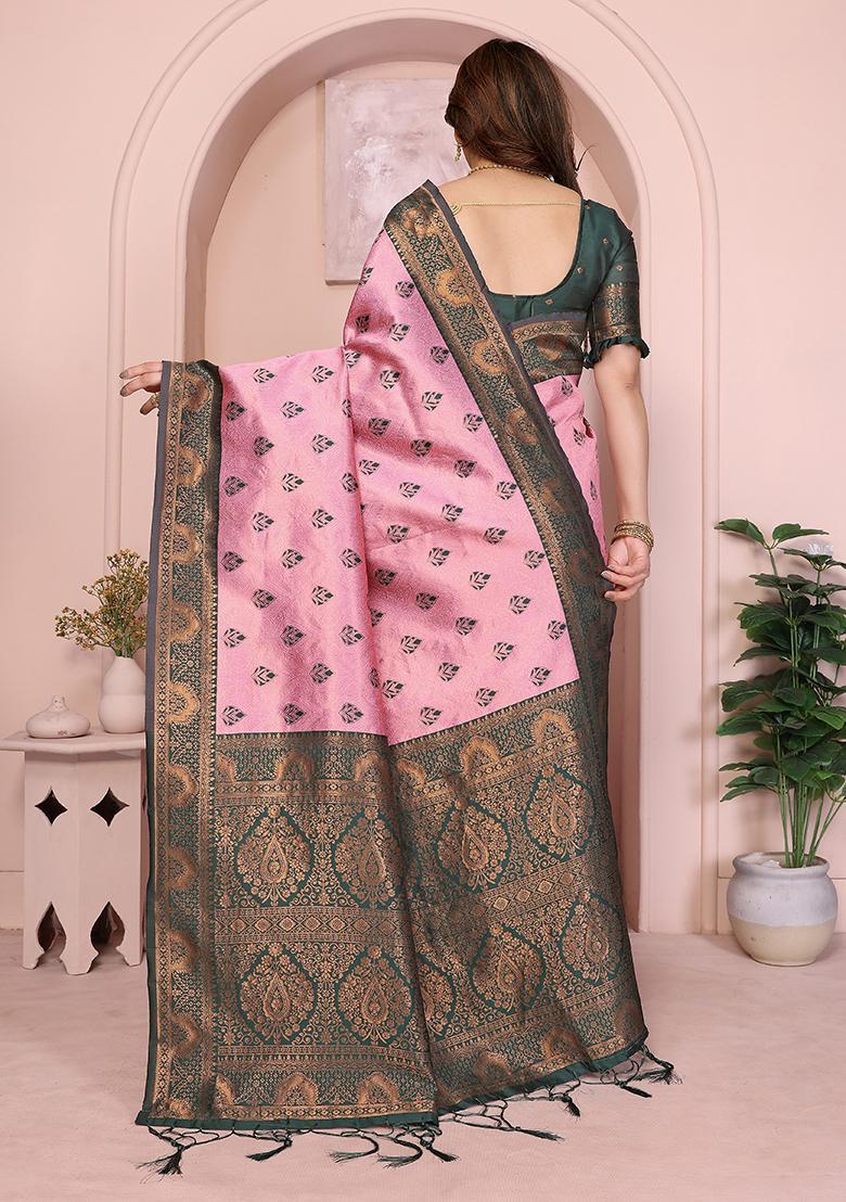 Pink And Green Woven Silk Sarees - Indya