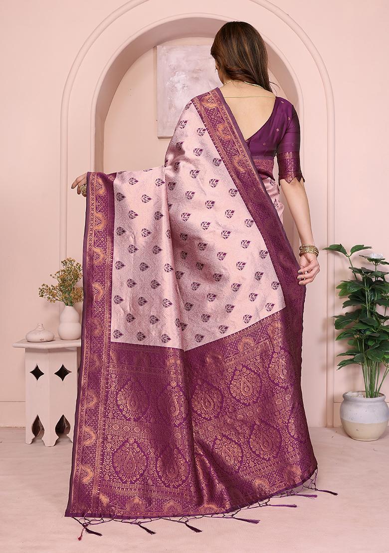 Pink And Purple Woven Silk Sarees - Indya