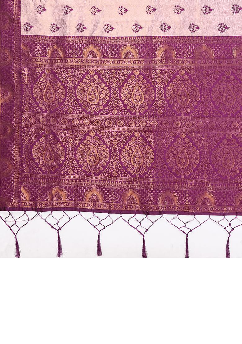Pink And Purple Woven Silk Sarees - Indya