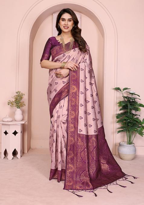 Pink And Purple Woven Silk Sarees