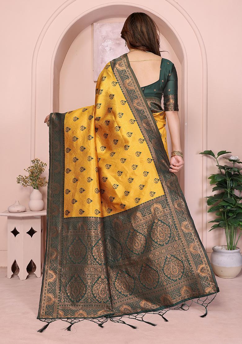 Yellow And Green Woven Silk Sarees - Indya