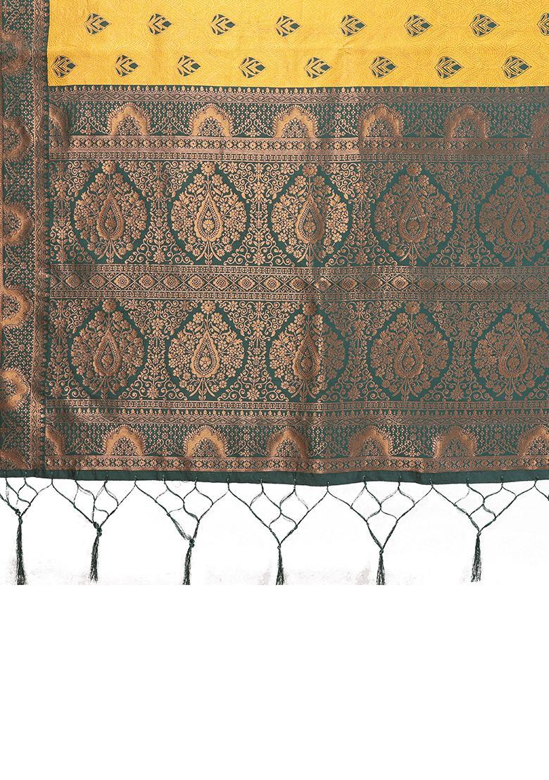 Yellow And Green Woven Silk Sarees - Indya