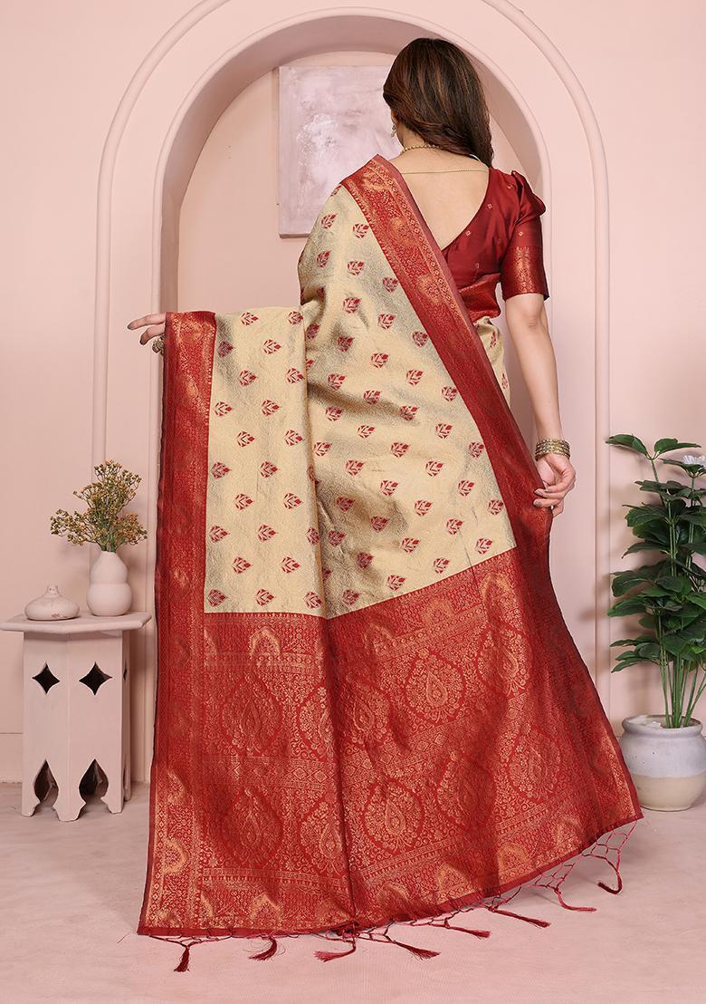 Cream And Maroon Woven Silk Sarees - Indya