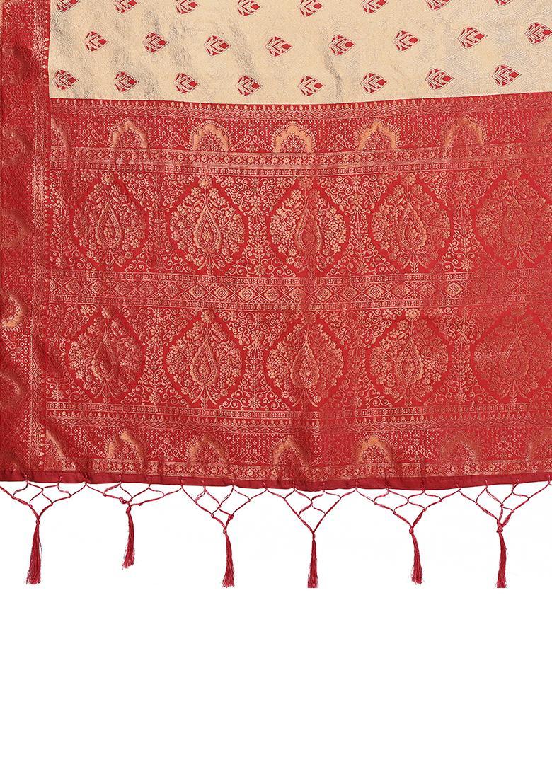 Cream And Maroon Woven Silk Sarees - Indya