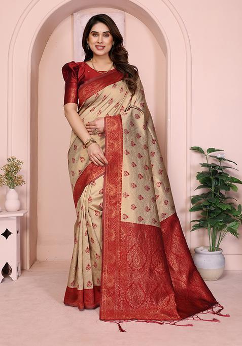 Cream And Maroon Woven Silk Sarees
