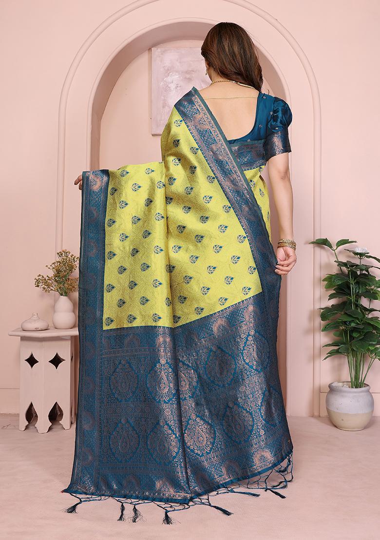 Yellow And Light Blue Woven Silk Sarees - Indya