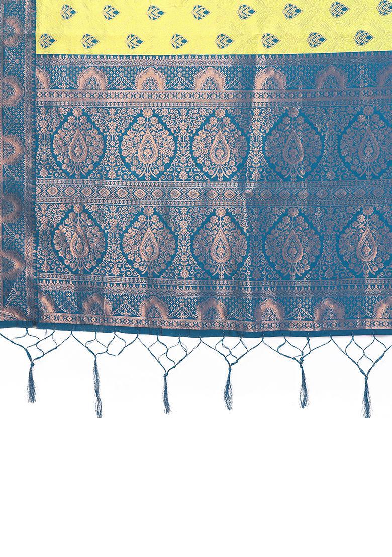 Yellow And Light Blue Woven Silk Sarees - Indya