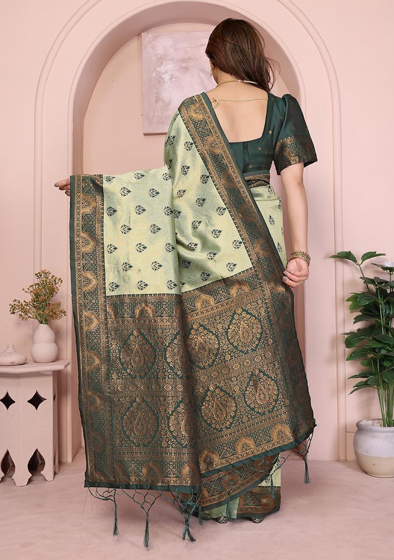 Light Green And Green Woven Silk Sarees - Indya