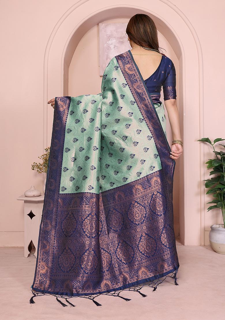 Light Blue And Blue Woven Silk Sarees - Indya