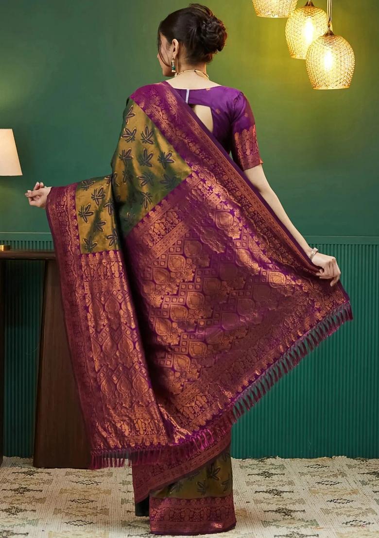 Light Green And Purple Woven Silk Sarees - Indya
