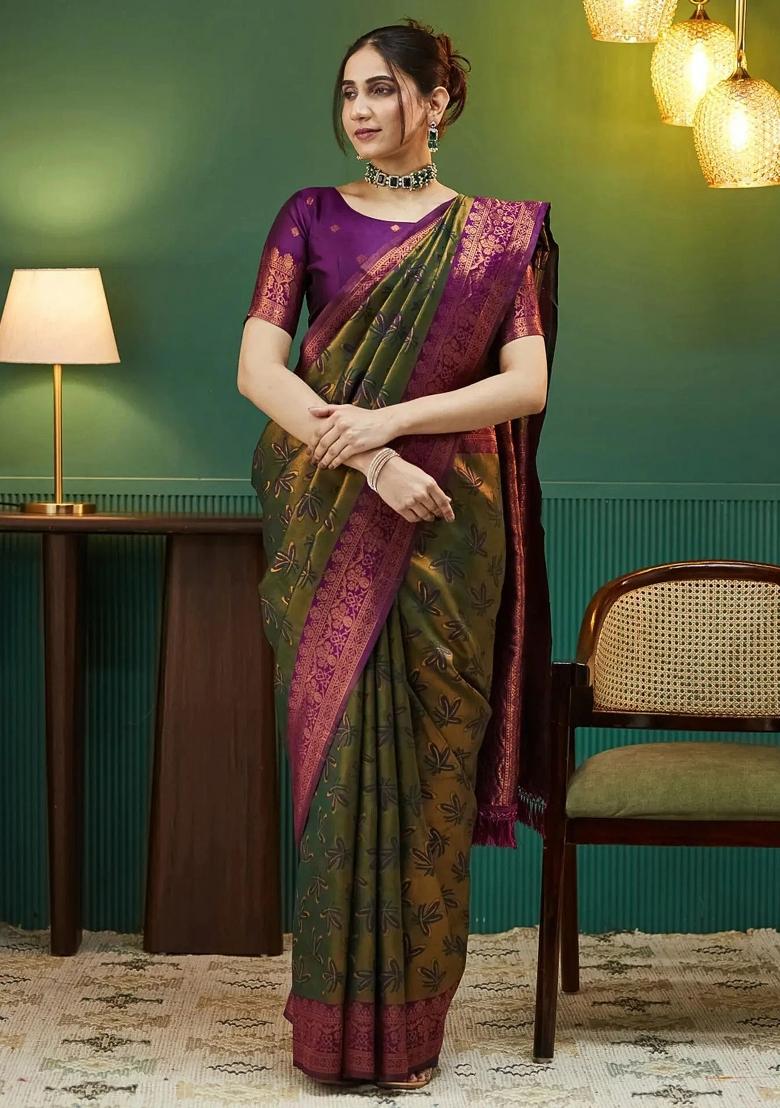 Light Green And Purple Woven Silk Sarees - Indya