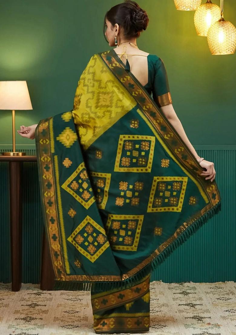Yellow And Green Woven Silk Sarees - Indya