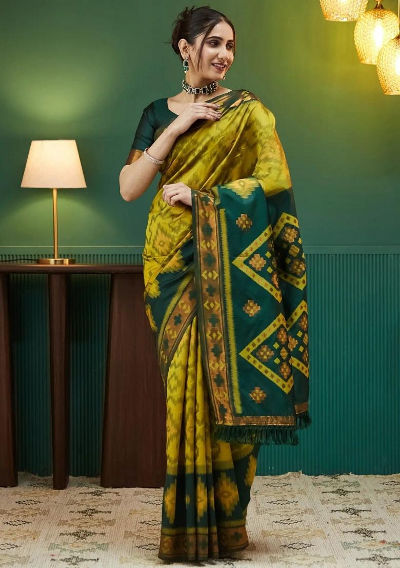 Yellow And Green Woven Silk Sarees - Indya