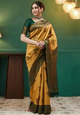 Yellow And Green Woven Silk Sarees