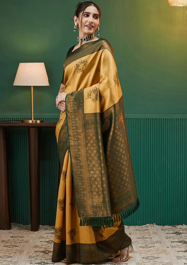 Yellow And Green Woven Silk Sarees - Indya