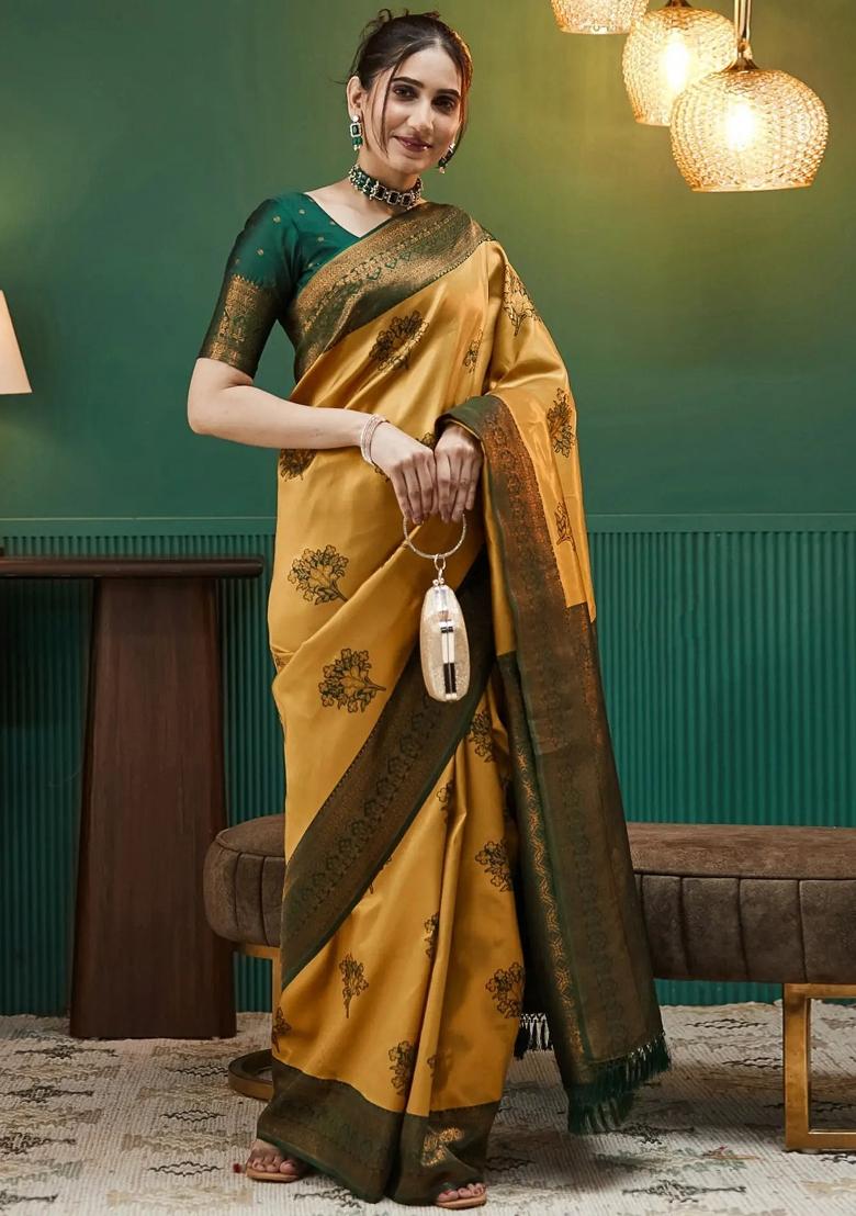 Yellow And Green Woven Silk Sarees - Indya