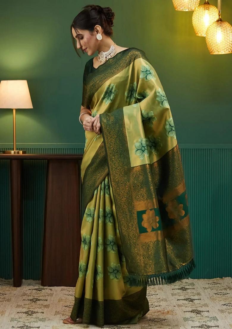 Green Woven Silk Sarees - Indya