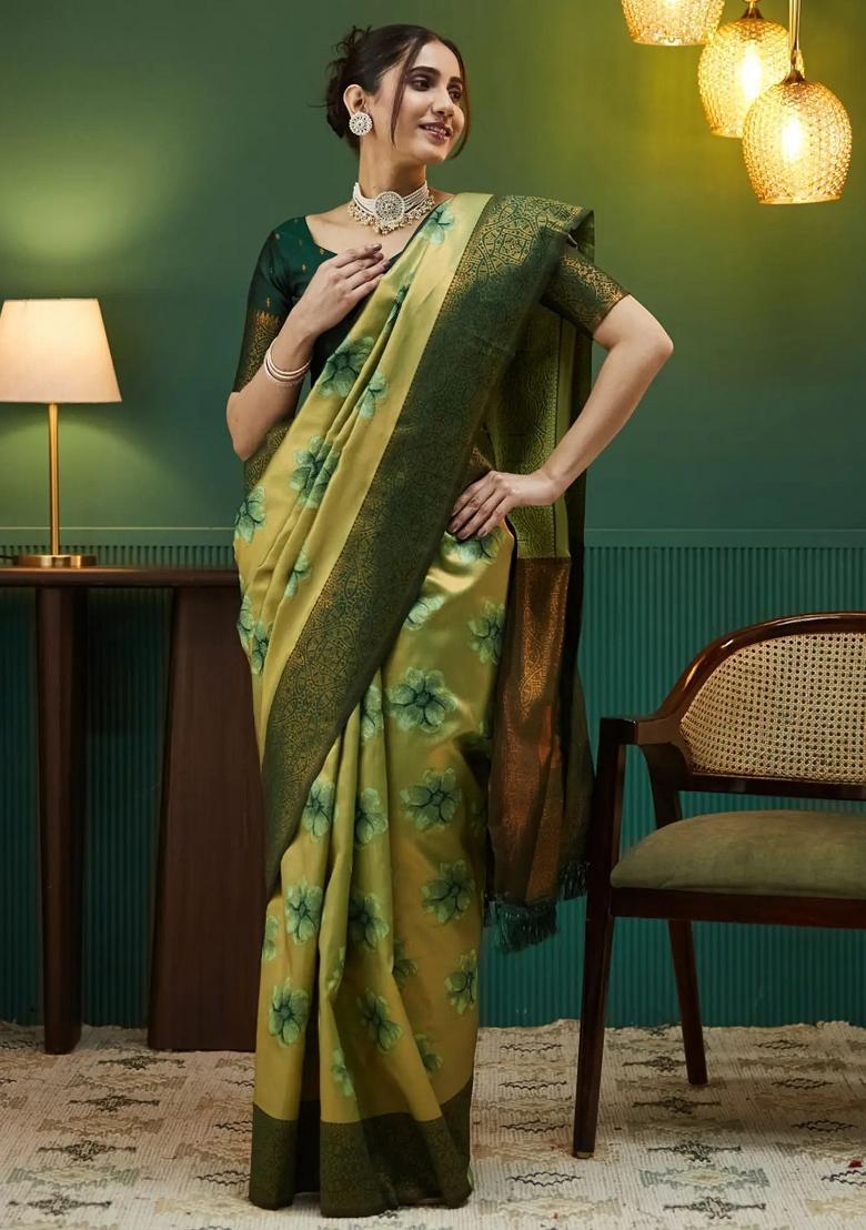Green Woven Silk Sarees - Indya