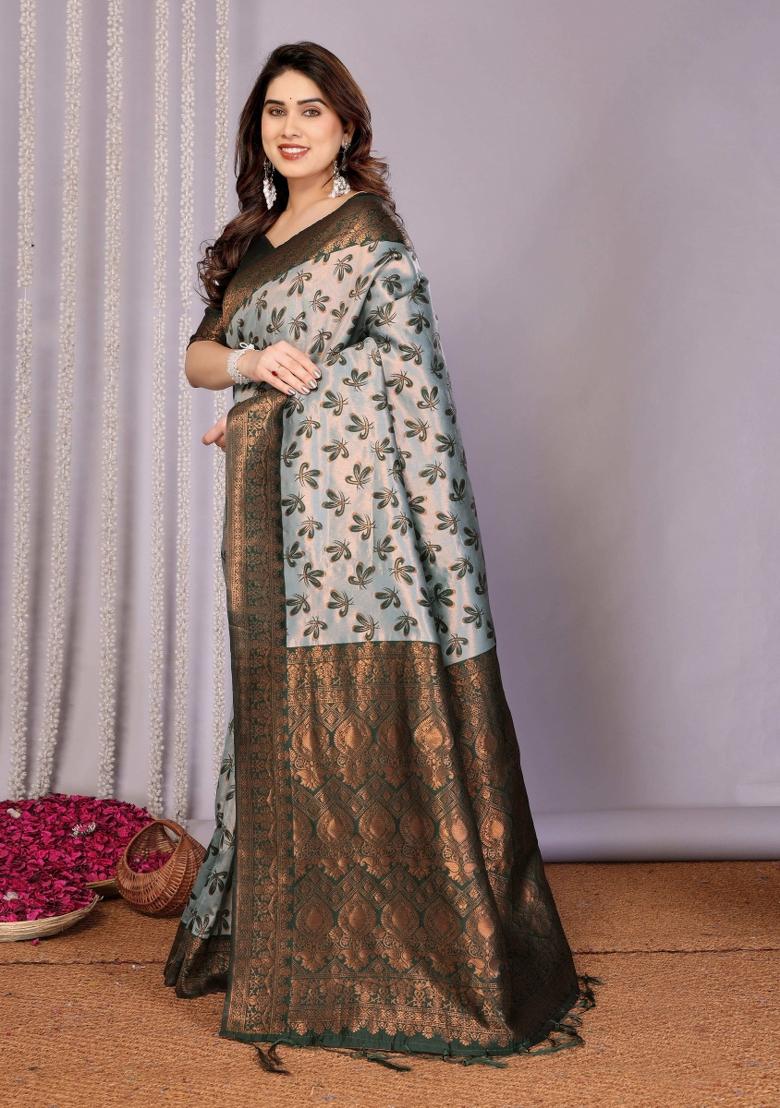 Green Woven Silk Sarees - Indya