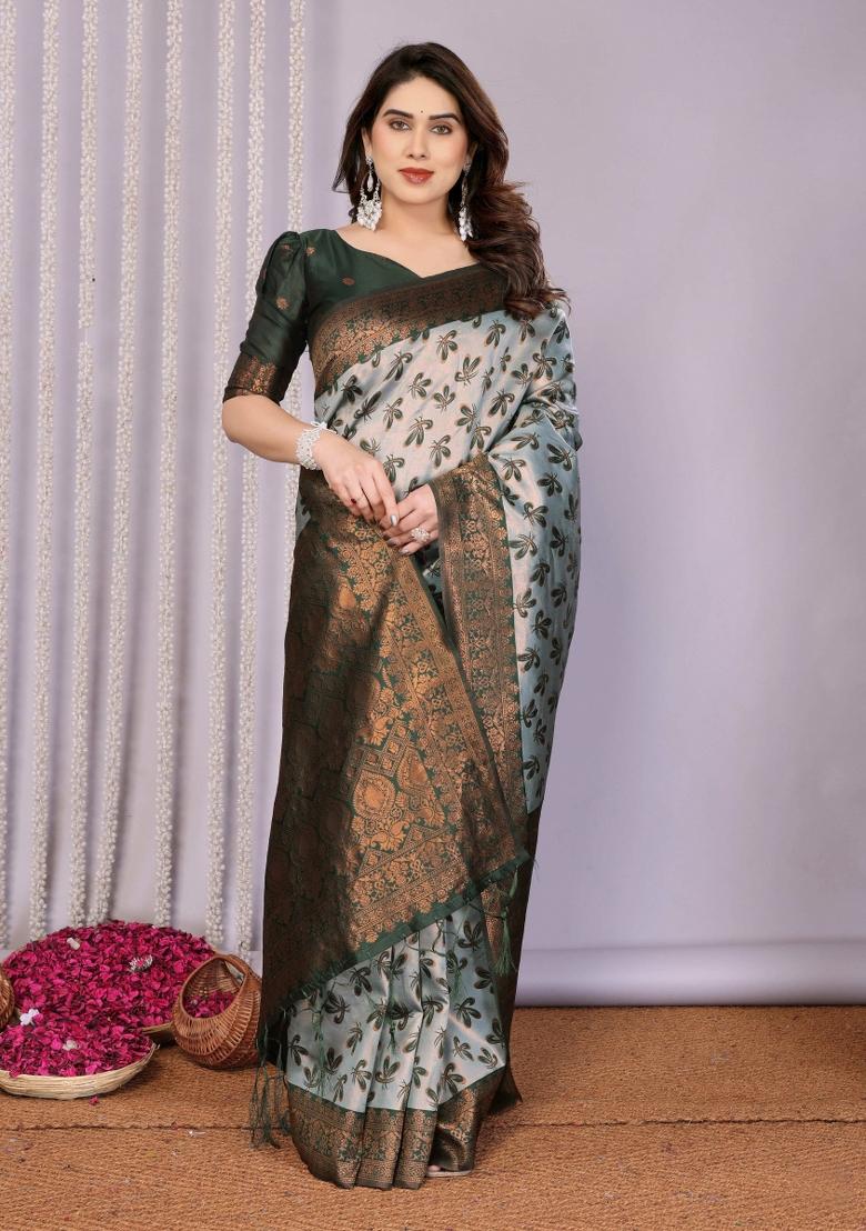 Green Woven Silk Sarees - Indya