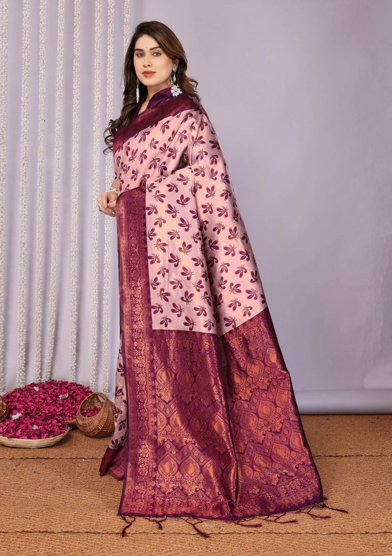 Pink And Purple Woven Silk Sarees - Indya