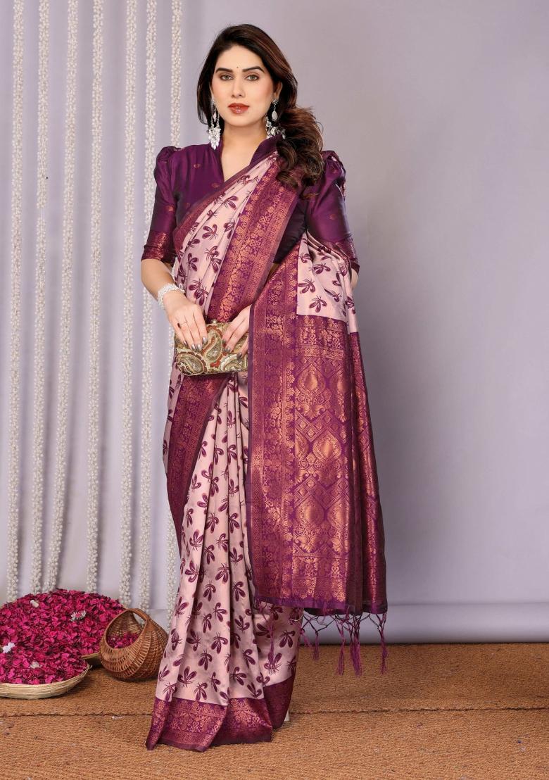 Pink And Purple Woven Silk Sarees - Indya