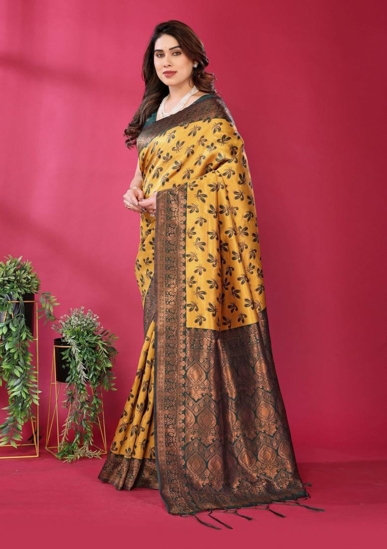 Green Woven Silk Sarees - Indya