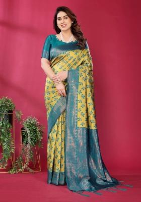 Yellow And Blue Woven Silk Sarees