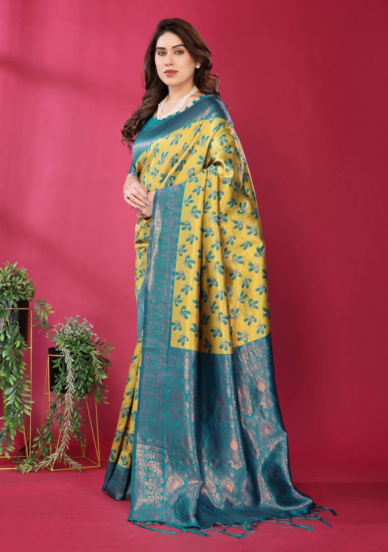 Yellow And Blue Woven Silk Sarees - Indya