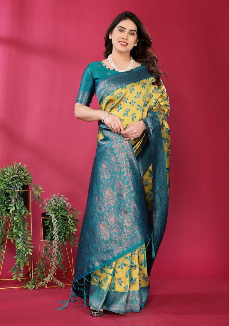 Yellow And Blue Woven Silk Sarees - Indya