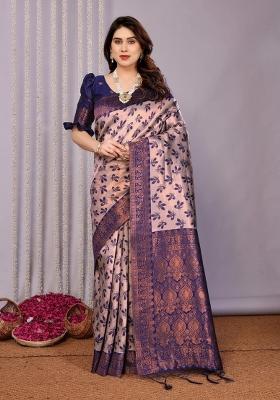 Grey And Dark Blue Woven Silk Sarees