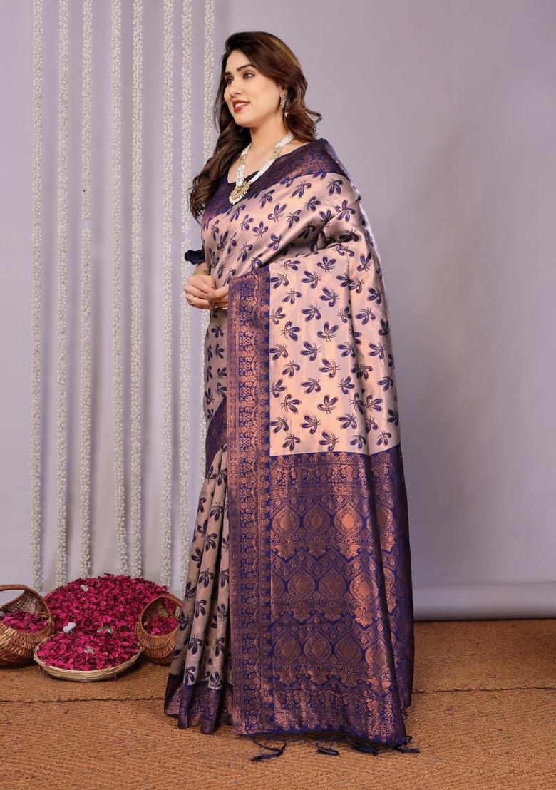 Grey And Dark Blue Woven Silk Sarees - Indya