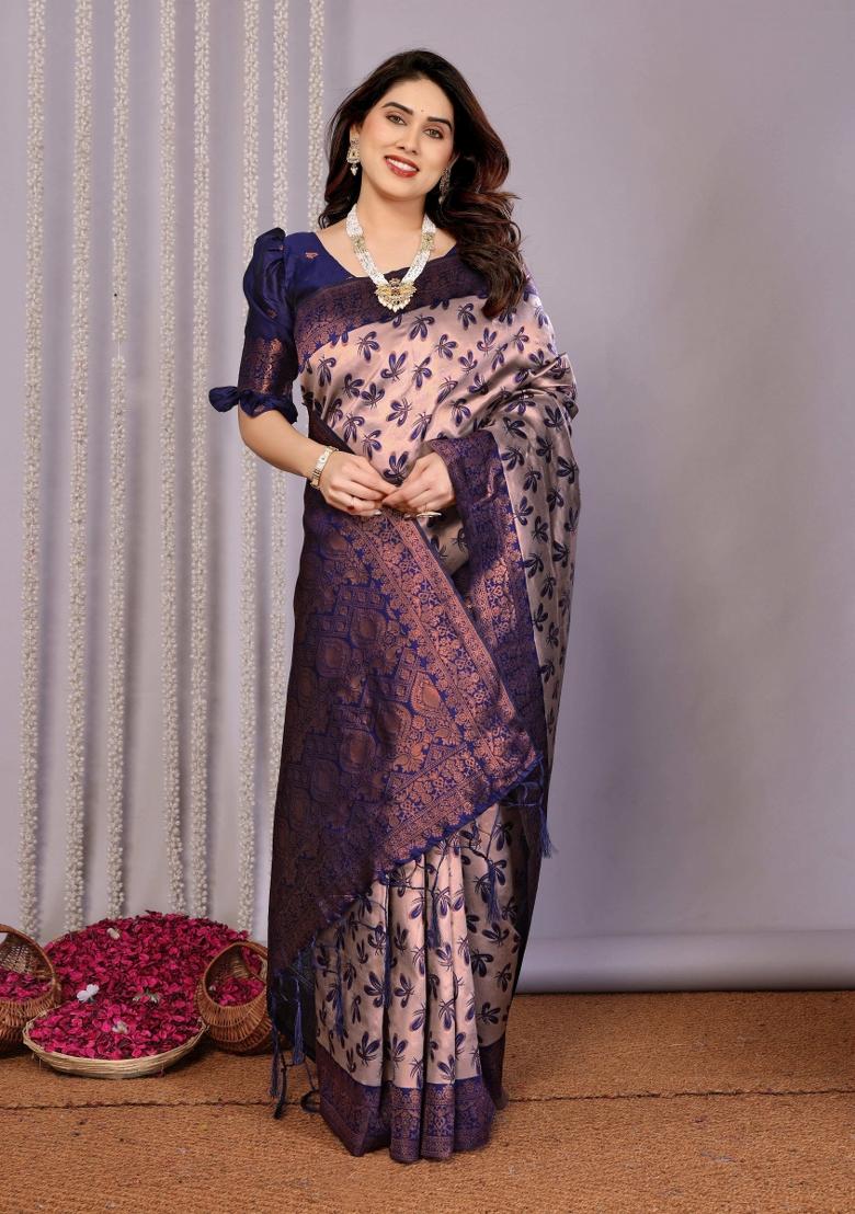 Grey And Dark Blue Woven Silk Sarees - Indya