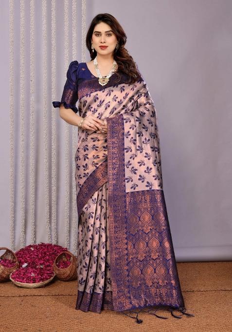 Grey And Dark Blue Woven Silk Sarees
