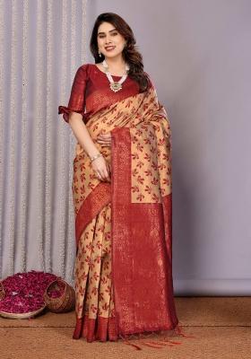 Cream And Red Woven Silk Sarees