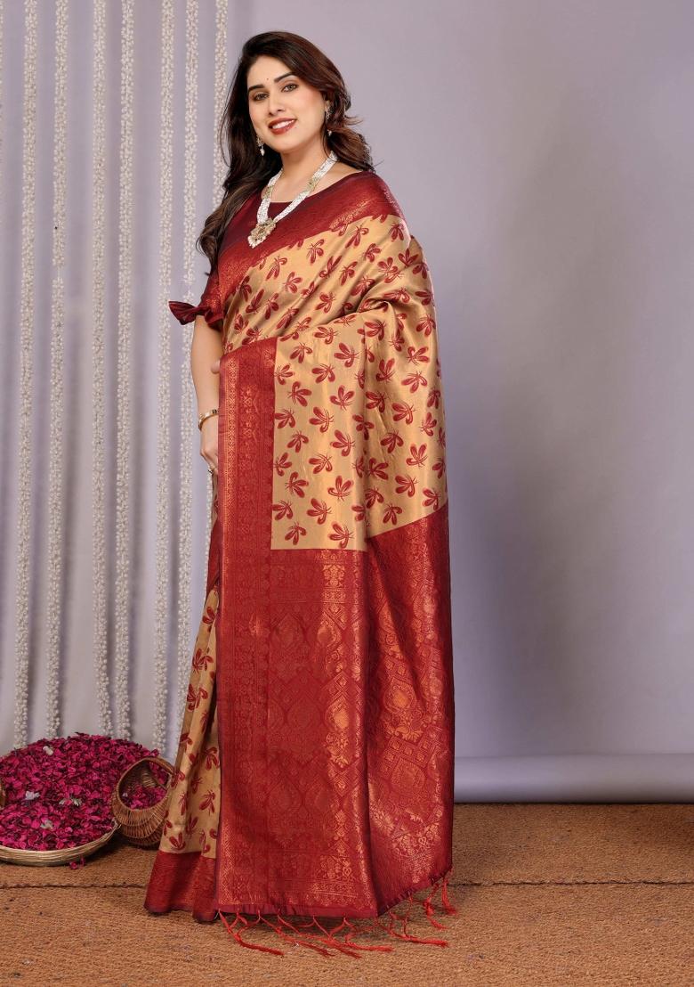 Cream And Red Woven Silk Sarees - Indya