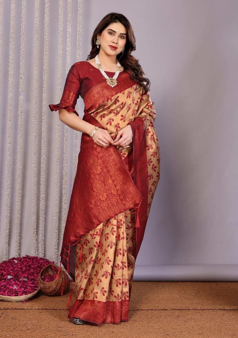 Cream And Red Woven Silk Sarees - Indya