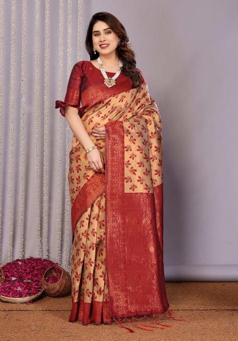 Cream And Red Woven Silk Sarees