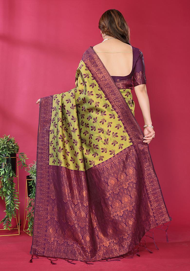 Yellow And Purple Woven Silk Sarees - Indya