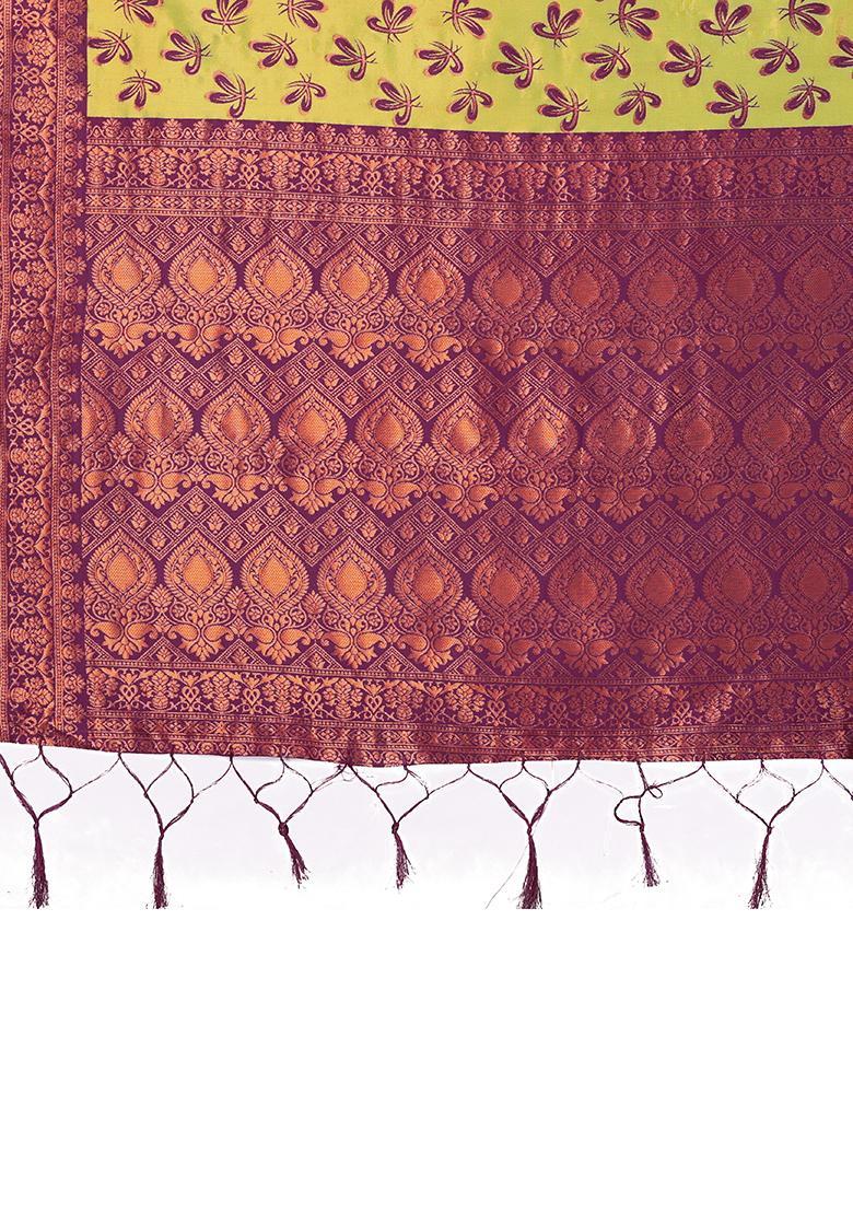 Yellow And Purple Woven Silk Sarees - Indya