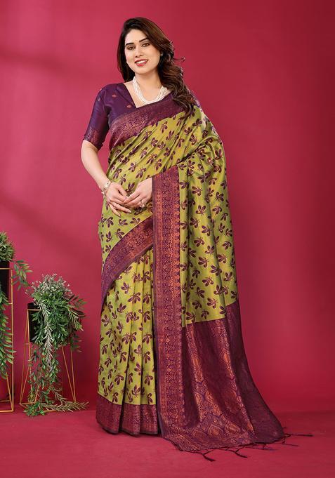 Yellow And Purple Woven Silk Sarees