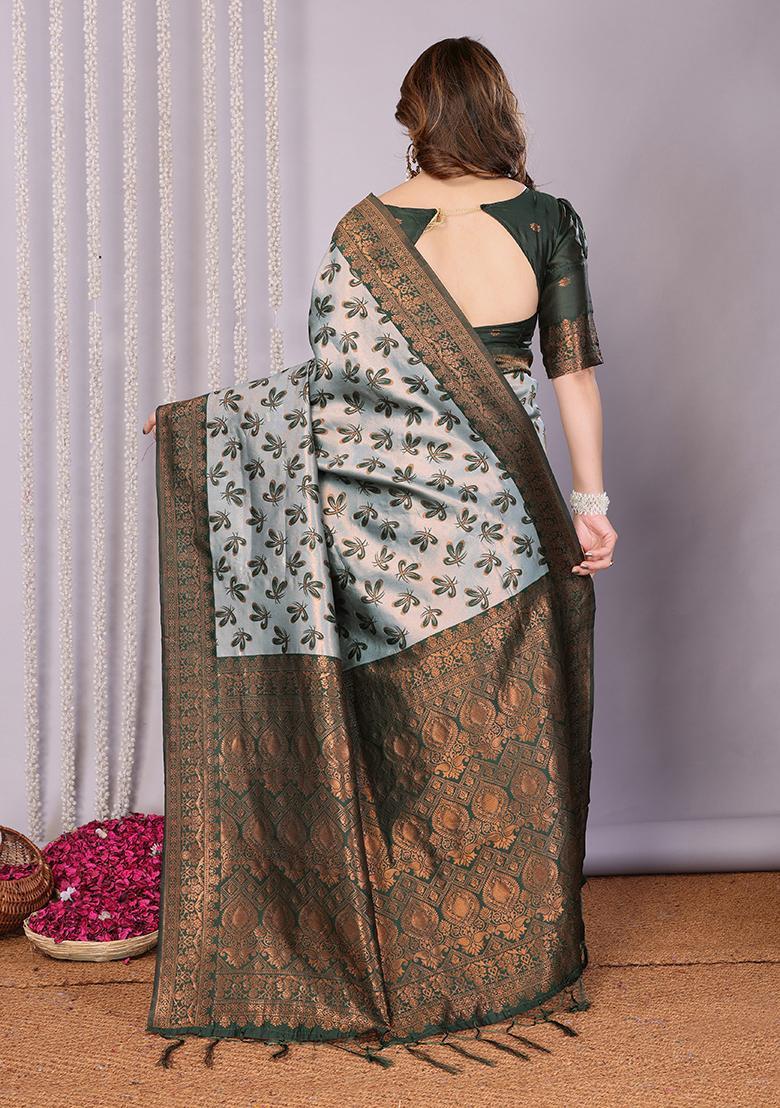 Green Woven Silk Sarees - Indya