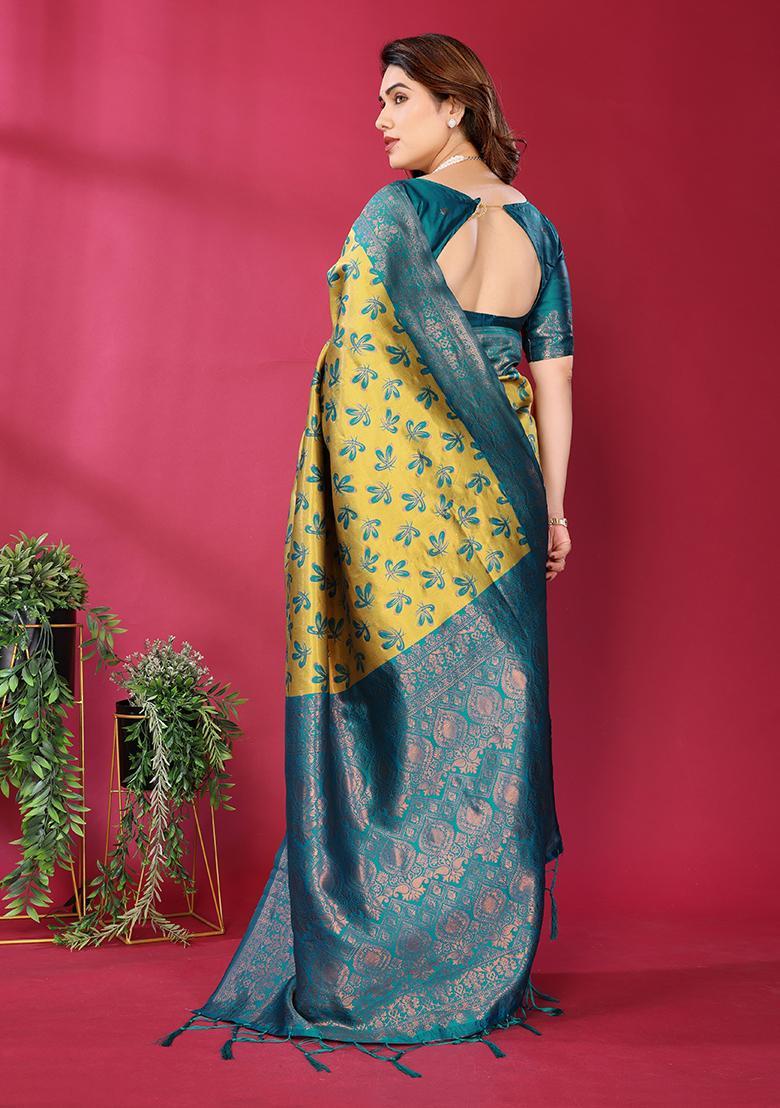 Yellow And Light Blue Woven Silk Sarees - Indya
