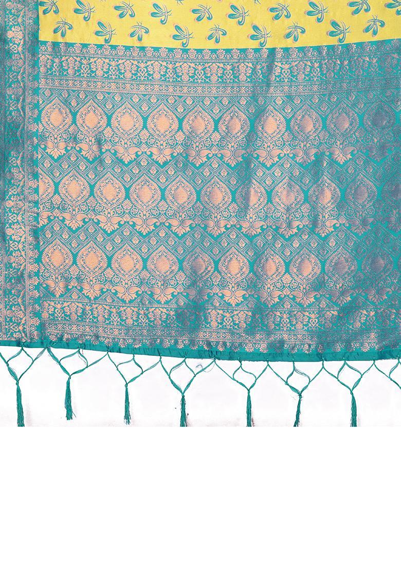 Yellow And Light Blue Woven Silk Sarees - Indya