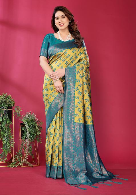 Yellow And Light Blue Woven Silk Sarees