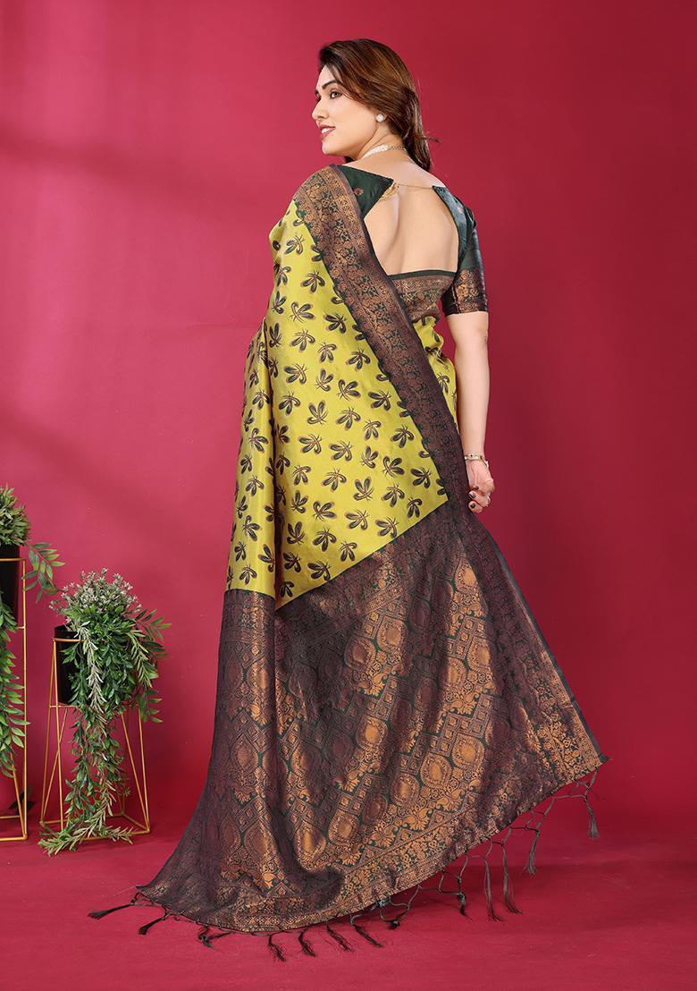 Yellow And Green Woven Silk Sarees - Indya