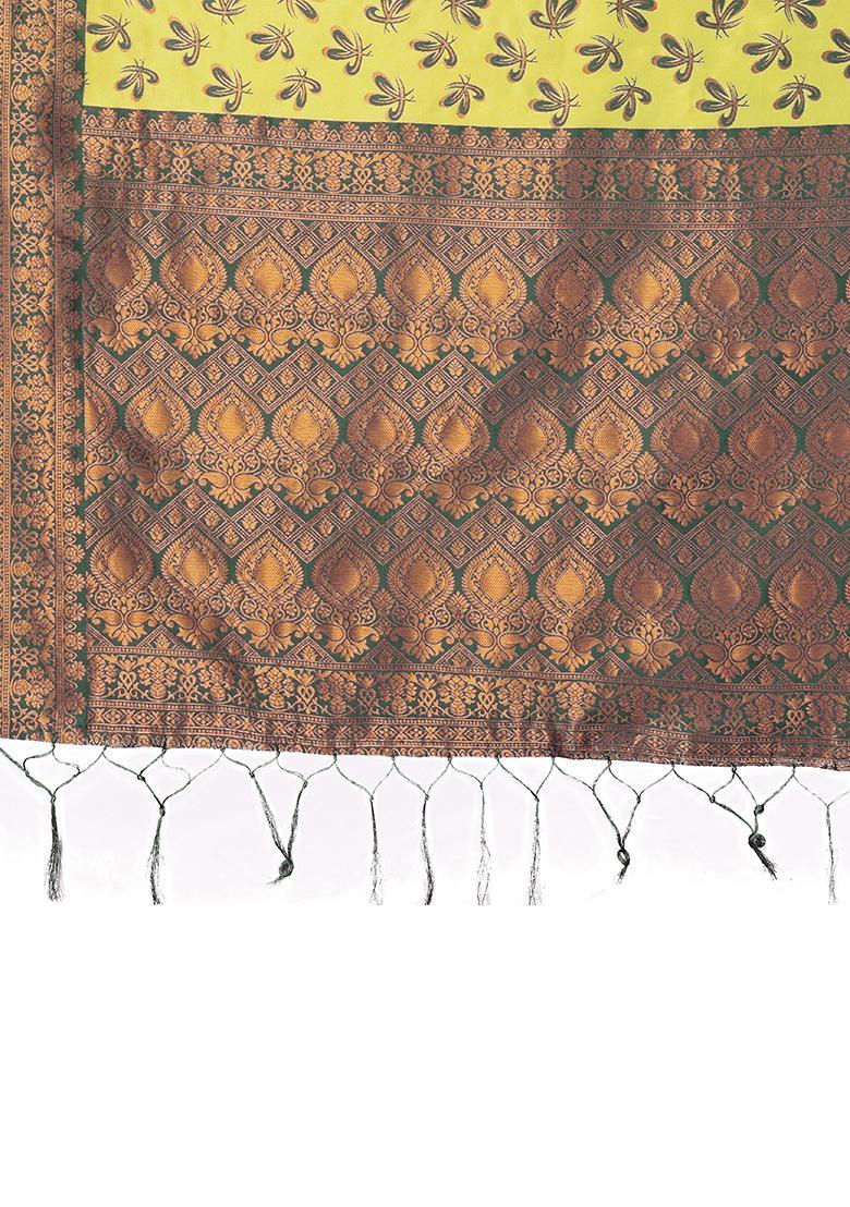 Yellow And Green Woven Silk Sarees - Indya