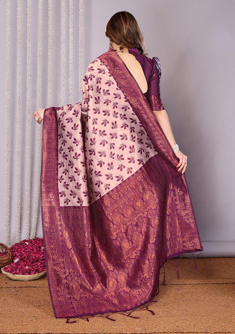 Pink And Purple Woven Silk Sarees - Indya