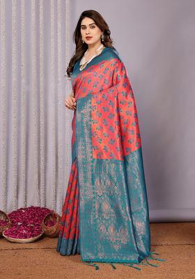 Pink And Light Blue Woven Silk Sarees
