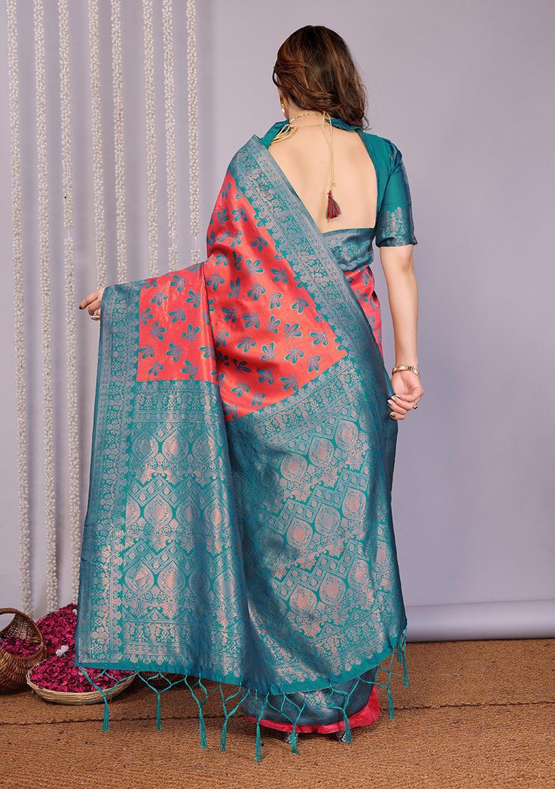 Pink And Light Blue Woven Silk Sarees - Indya